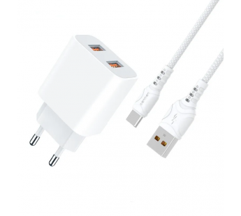                         Сетевое ЗУ USB Denmen DC02T + кабель Type-C (2USB/2.1A) белый*#1631877