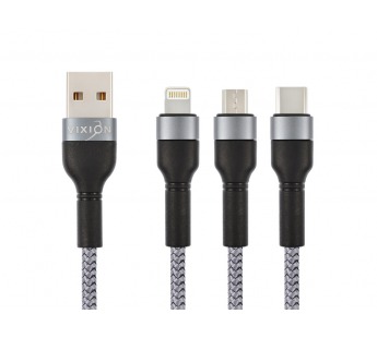 Кабель USB VIXION (K3) Lightning/micro/type-c (1.2м) (серый)#1635566
