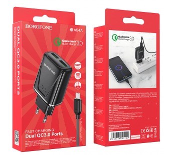 Адаптер Сетевой с кабелем Borofone BA54A Wide QC 2USB 18W (USB/Micro USB) (black) (133700)#1644485