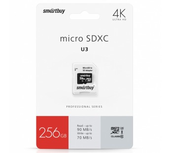 Карта флэш-памяти MicroSD 256 Гб Smart Buy +SD адаптер (class 10) PRO U3 (203579)#1803298