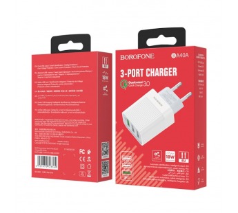 Адаптер Сетевой Borofone BA40A 3USB+Q.C 3.0 (белый)#2012669