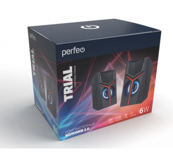 Колонки Perfeo 2.0 "TRIAL", мощность 2х3 Вт, USB, чёрн, Game Design, LED подсветка 7 цв#1659885