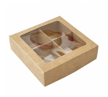 Коробка под 4 конфеты 126*126*35мм квад/крафт дно + крышка с окном с вклад 1/5/150шт#1674386