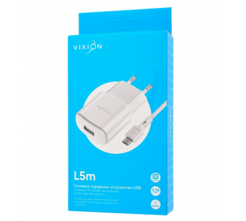 СЗУ VIXION L5m (1-USB/2.1A) + micro USB кабель 1м (белый)#1697998