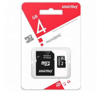 Карта памяти MicroSDHC  4GB SmartBuy, Class10, с адаптером SD#1757760