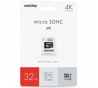 Карта памяти MicroSD 32GB Smart Buy Сlass 10 Pro UHS-I U3 (60/95 Mb/s)+ SD адаптер#1757797