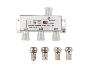 Делитель на 3ТВ 1вход F-гн. - 3 выхода F-гн. 5-1000МГц + 4шт.F Silver  в коробочке "Rexant"#2079338
