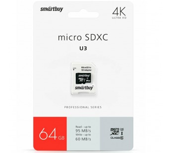 Карта памяти MicroSD 64GB Smart Buy Сlass 10 Pro UHS-I U3 (60/95 Mb/s) + SD адаптер#1758045