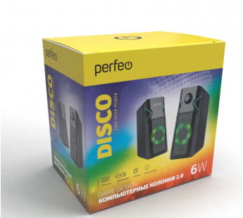 Колонки Perfeo 2.0 "DISCO", мощность 2х3 Вт, USB, чёрн, Game Design, RGB подсветка 7 режимов#1854587