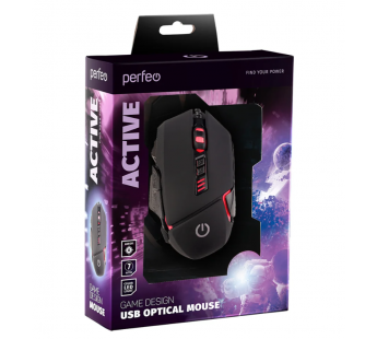 Мышь Perfeo оптическая, "ACTIVE", 7 кн, USB, чёрн, GAME DESIGN, 4 цв. подсветка, 1000-1600-320#1861117