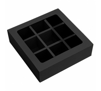 Коробка под 9 конфет 137*137*37мм квад/черная пенал с окном с вклад 1/5/150шт#1767916