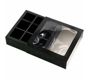 Коробка под 9 конфет 137*137*37мм квад/черная пенал с окном с вклад 1/5/150шт#1767915