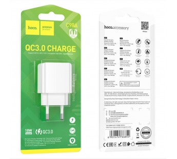 Адаптер Сетевой Hoco C98A Proton 1USB/5V/3A QC3.0 (white) (206226)#2004763