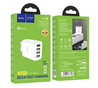 Адаптер сетевой Hoco C102A (QC 3.0), 4USB, цвет белый#2041729