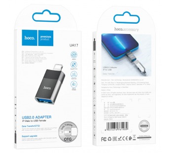 Переходник hoco UA17 USB 2.0 (M) - Lightning (F) (цвет черный, в коробочке)#1842436