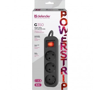 Удлинитель DEFENDER G350 3 розетки, ПВС 3*1,0 мм2, мощность 2200 Вт, ток 10А, черный, с/з, выключатель, 5,0 м (1/35)#1803260