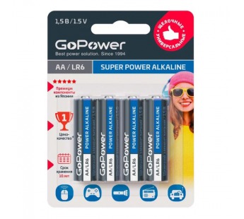 Элемент питания GoPower LR6 AA BL4 Alkaline 1.5V (4/48/576)#2045242