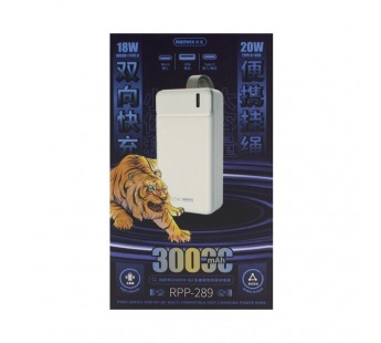 Внешний Аккумулятор (Power Bank) Remax RPP-289 30000 mAh (20W, QC, PD, MicroUSB, Type-C, LED индикатор) Белый#1830094