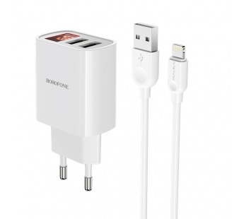 Адаптер Сетевой Borofone BA58A Mighty 2USB/5V/2.4A + кабель Apple lightning (white) (207923)#1839149