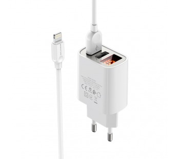 Адаптер Сетевой Borofone BA58A Mighty 2USB/5V/2.4A + кабель Apple lightning (white) (207923)#1839150