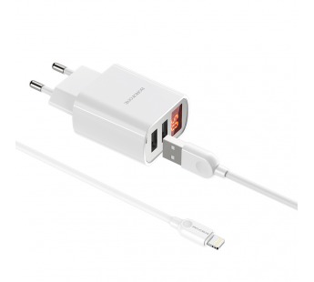 Адаптер Сетевой Borofone BA58A Mighty 2USB/5V/2.4A + кабель Apple lightning (white) (207923)#1839152