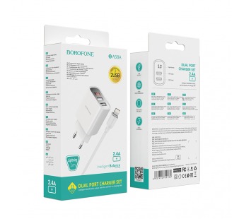 Адаптер Сетевой Borofone BA58A Mighty 2USB/5V/2.4A + кабель Apple lightning (white) (207923)#1839153