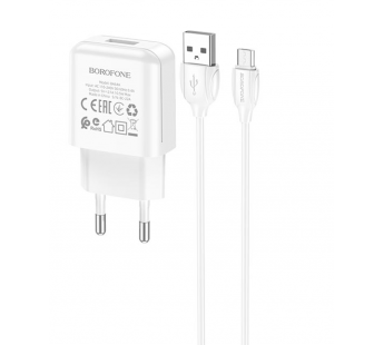 Адаптер Сетевой с кабелем Borofone BA64A USB 2,1A/5W (USB/Micro USB) (white) (213527)#1841456