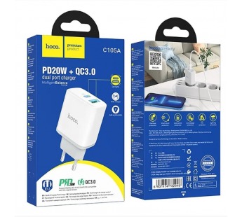 Адаптер Сетевой Hoco C105A PD QC3.0 USB/Type-C 20W (white) (214016)#2004712