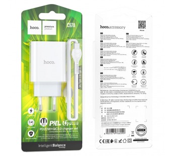 Адаптер Сетевой с кабелем Hoco C97A PD QC3.0 USB 3A/18W (Type-C/Type-C) (white) (207576)#1842204