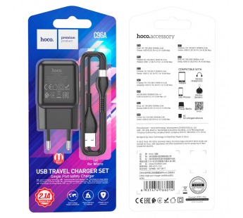 Адаптер Сетевой Hoco C96A USB 2,1A/10W + кабель Micro USB (black) (207579)#1852392