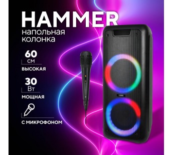 Портативная колонка FUMIKO Hammer FBS05-01 (Bluetooth/USB/TF/2микр/ПДУ/подсв/30Вт) 250x242x59 черн#1863973