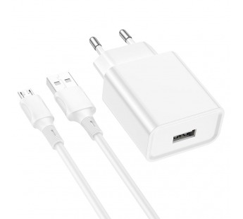 Адаптер сетевой Borofone BA74A + кабель Micro USB (1USB/2.1A) белый#1862668