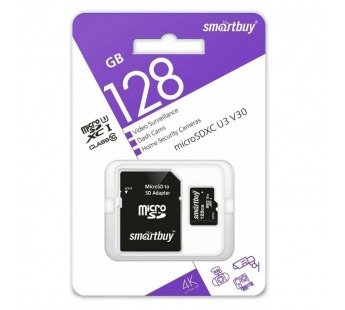 Карта памяти MicroSD 128GB Smart Buy Class 10 UHS-I V10 для видеонаблюдения + SD адаптер#1929590