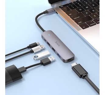 Хаб Type-C - USB Hoco HB27 HDTV+USB3.0+USB2.0*2+PD (metal gray) (213892)#1877015