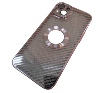 Чехол силиконовый iPhone 14 Plus под карбон с открытым лого и защитой камеры светло-розовый#2007144