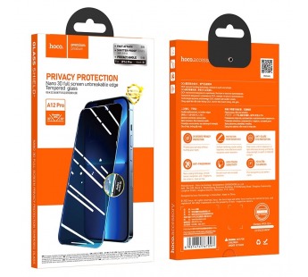 Защитное стекло Hoco A12 Pro IPhone 14 Pro антишпион, ударопрочное, усиленные края, цвет черный#1877653