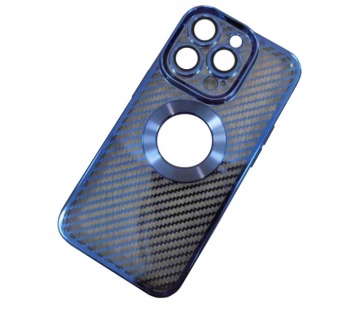 Чехол силиконовый iPhone 14 Pro под карбон с открытым лого и защитой камеры синий#2007203