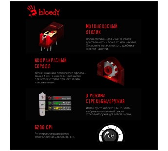Мышь A4Tech Bloody A70 черный оптическая (6200dpi) USB (8but) A70 MATTE BLACK [07.06], шт#1888127