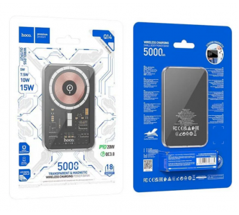 Внешний аккумулятор Hoco Q14 5000 mAh (20W, PD, беспроводная зарядка 15W, MagSafe, Type-C, LED дисплей, прозрачный корпус) Черный#1890637