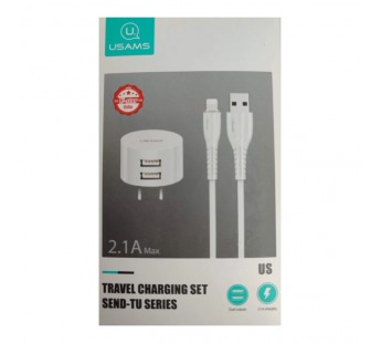 Сетевое ЗУ USAMS TU Series + кабель Lightning (2USB/2.1A) белое  (Китайская вилка)#2070935