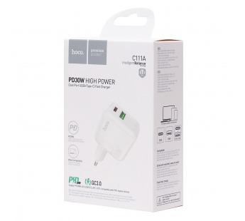 Адаптер Сетевой Hoco C111A PD QC3.0 USB/Type-C 30W (white) (215773)#1936511