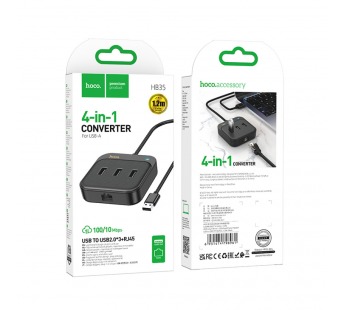 Адаптер USB Hoco HB35 100 Mbps Ethernet (USB3.0*3+RJ45, 1,2 м) Черный#1940971