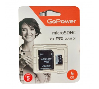 Карта памяти MicroSD 4 GB GoPower Class10 15 МБ/сек V10 с адаптером#1898278