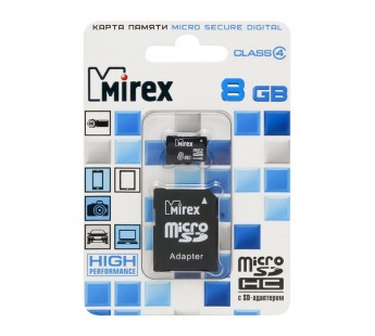 Карта памяти MicroSD 8 Gb Mirex +SD адаптер (Class 4)#154448