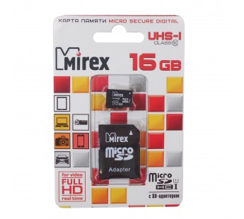 Карта памяти MicroSDHC 16GB Mirex, Class10, с адаптером SD#1927379