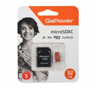 Карта памяти MicroSDHC 32GB GoPower (UHS-I, U3, class10, 80мб/сек V10) c адаптером SD#2093681