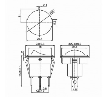 Выключатель клавишный круглый с подсветкой (RWB-214, SC-214, MIRS-101-8) 250V 6А (3с) ON-OFF, синий#1950231