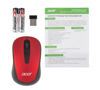 Мышь Acer OMR136 красный оптическая (1000dpi) беспроводная USB для ноутбука (2but) ZL.MCEEE.01J [12., шт#1955219