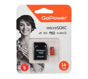 Карта памяти MicroSDXC 16GB GoPower (UHS-I, U3, class10, 80мб/сек V10) c адаптером SD#2093719
