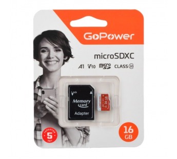 Карта памяти MicroSDXC 16GB GoPower (UHS-I, U3, class10, 80мб/сек V10) c адаптером SD#2045138